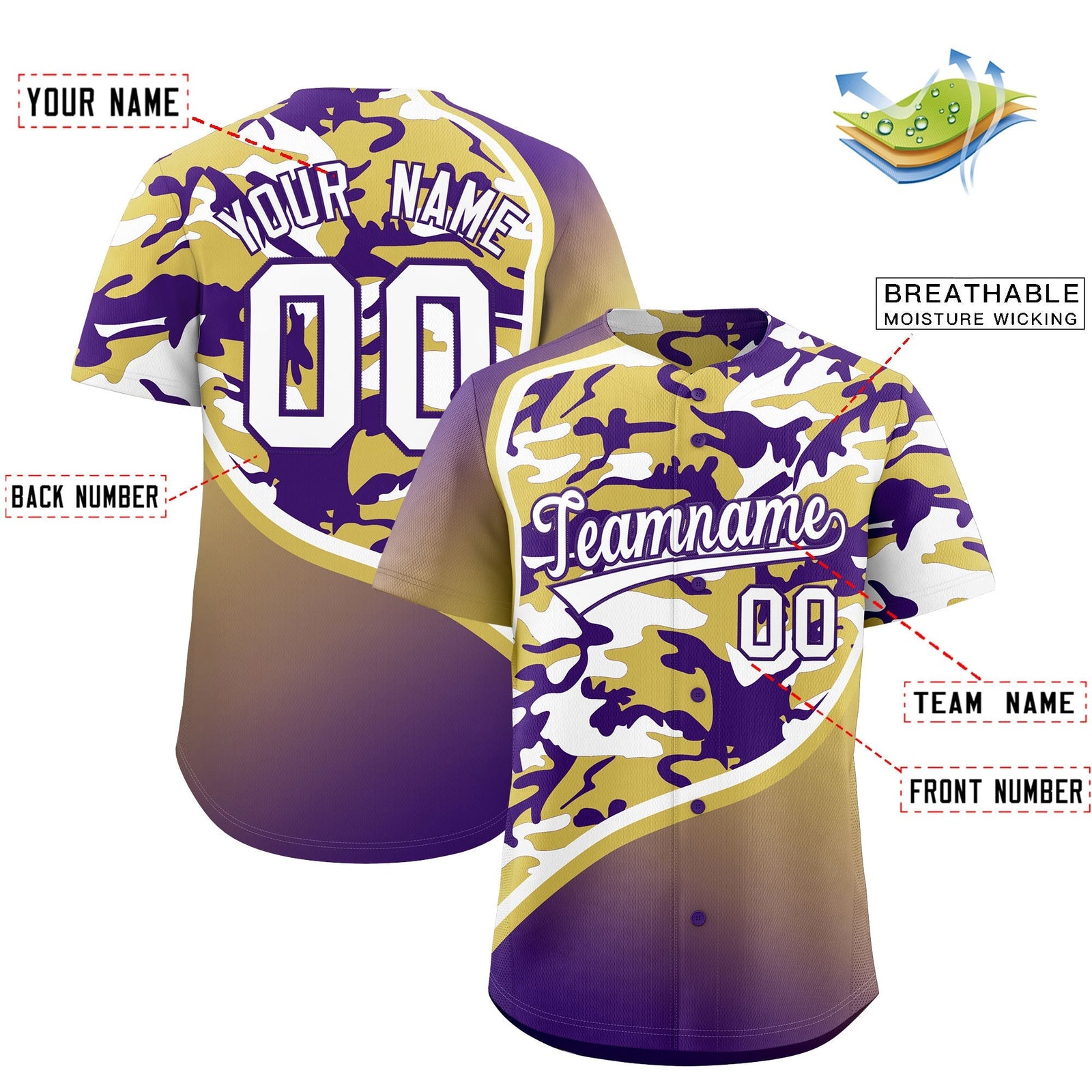 Custom Old Gold Purple White Camo Gradient Fashion Baseball Jersey | Perfect for Training,Sublimation Printed & Stitched,Add Name and Numbern,Perfect for Teams | KXKSHOP