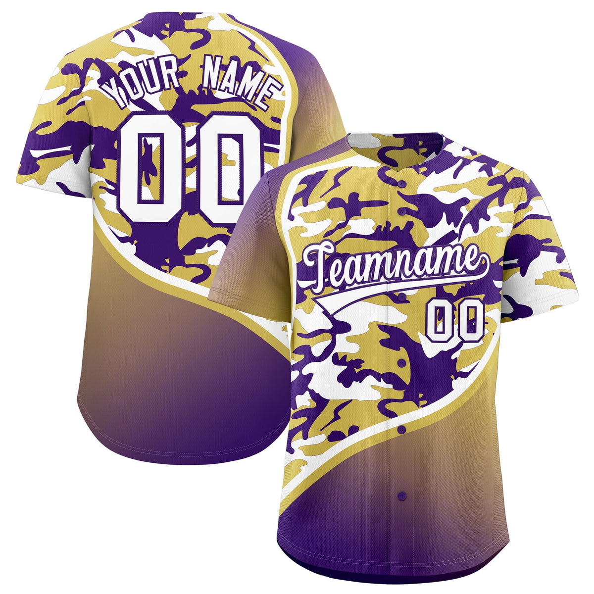 Custom Old Gold Purple White Camo Gradient Fashion Baseball Jersey | Perfect for Training,Sublimation Printed &amp; Stitched,Add Name and Numbern,Perfect for Teams | KXKSHOP