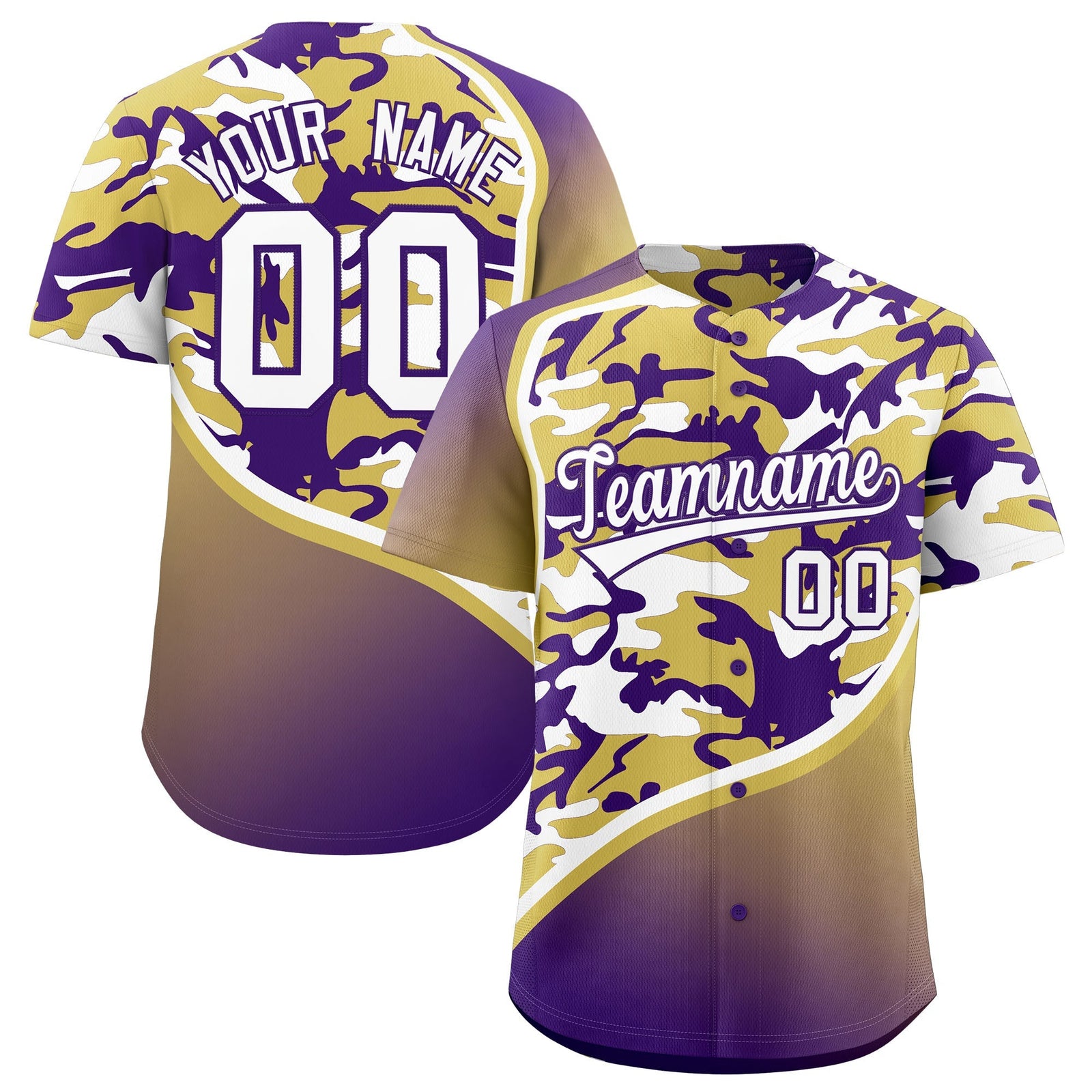 Custom Old Gold Purple White Camo Gradient Fashion Baseball Jersey | Perfect for Training,Sublimation Printed & Stitched,Add Name and Numbern,Perfect for Teams | KXKSHOP