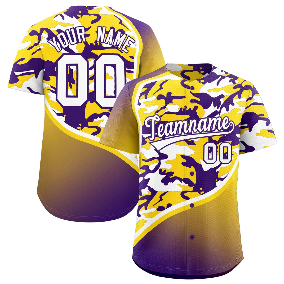 Custom Gold Purple White Camo Gradient Fashion Baseball Jersey | Perfect for Training,Sublimation Printed & Stitched,Add Name and Numbern,Perfect for Teams | KXKSHOP