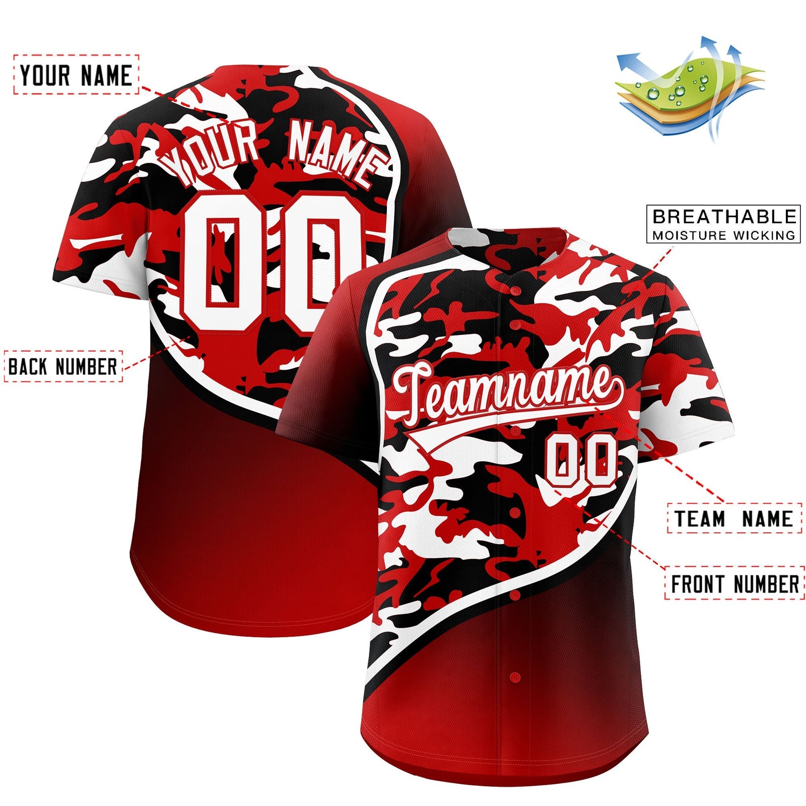 Custom Red Black White Camo Gradient Fashion Baseball Jersey | Perfect for Training,Sublimation Printed & Stitched,Add Name and Numbern,Perfect for Teams | KXKSHOP
