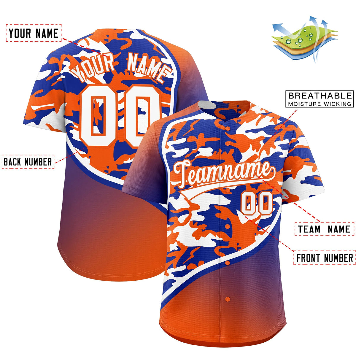 Custom Royal Blue Orange White Camo Gradient Fashion Baseball Jersey | Perfect for Training,Sublimation Printed &amp; Stitched,Add Name and Numbern,Perfect for Teams | KXKSHOP