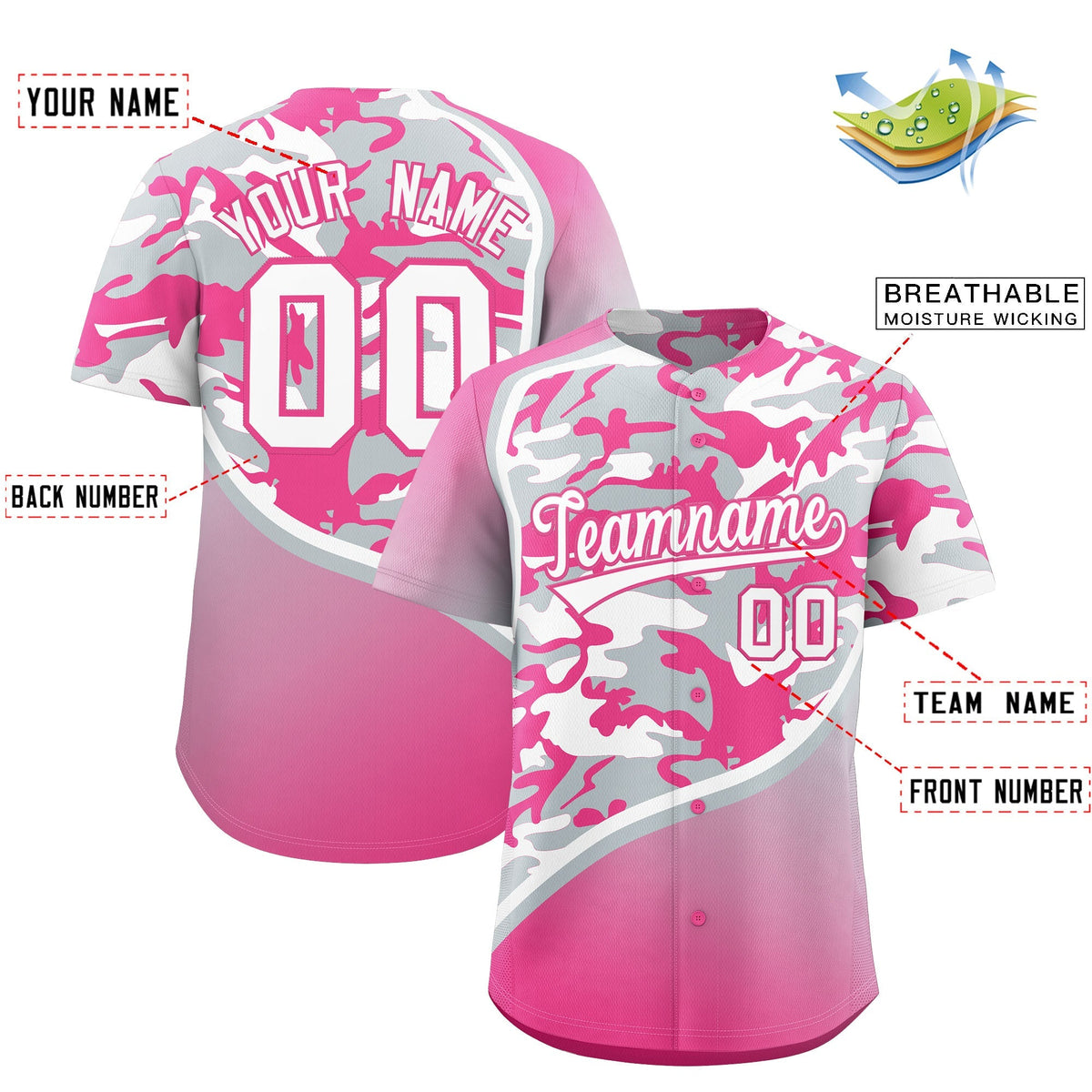 Custom Silver White Pink Camo Gradient Fashion Baseball Jersey | Perfect for Training,Sublimation Printed &amp; Stitched,Add Name and Numbern,Perfect for Teams | KXKSHOP