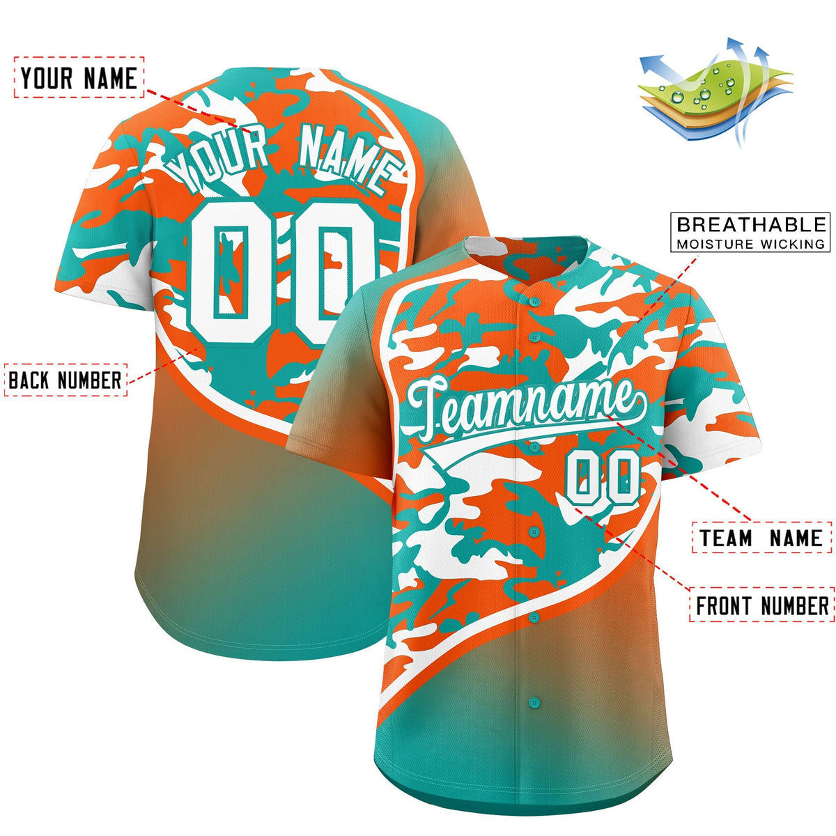 Custom Aqua Orange White Camo Gradient Fashion Baseball Jersey | Perfect for Training,Sublimation Printed &amp; Stitched,Add Name and Numbern,Perfect for Teams | KXKSHOP