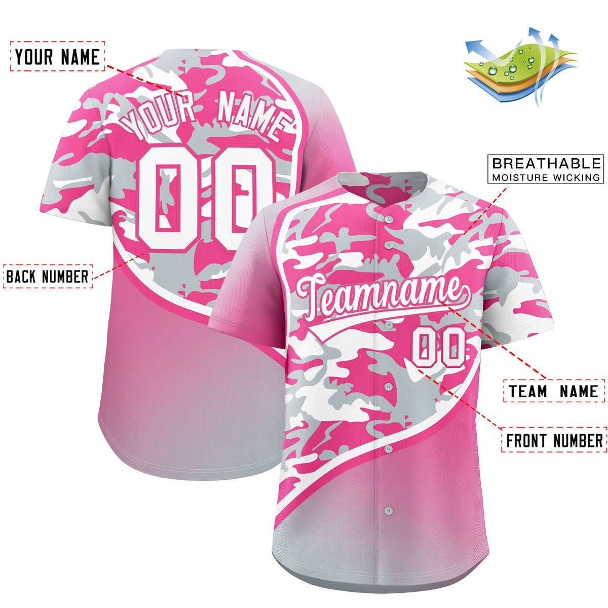 Custom Pink Silver White Camo Gradient Fashion Baseball Jersey | Perfect for Training,Sublimation Printed &amp; Stitched,Add Name and Numbern,Perfect for Teams | KXKSHOP
