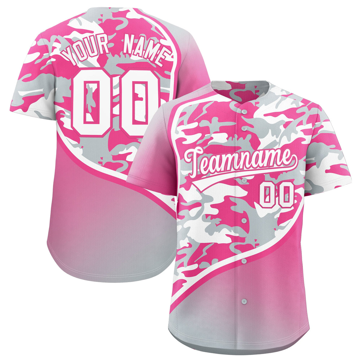 Custom Pink Silver White Camo Gradient Fashion Baseball Jersey