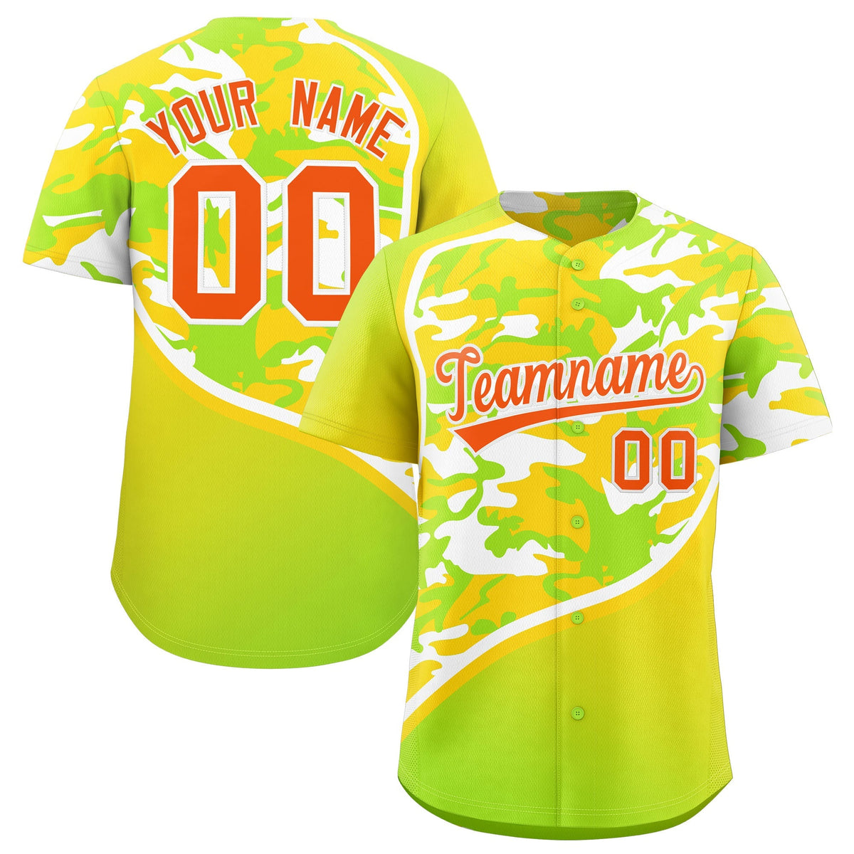 Custom Neon Green Gold White Camo Gradient Fashion Baseball Jersey | Perfect for Training,Sublimation Printed & Stitched,Add Name and Numbern,Perfect for Teams | KXKSHOP