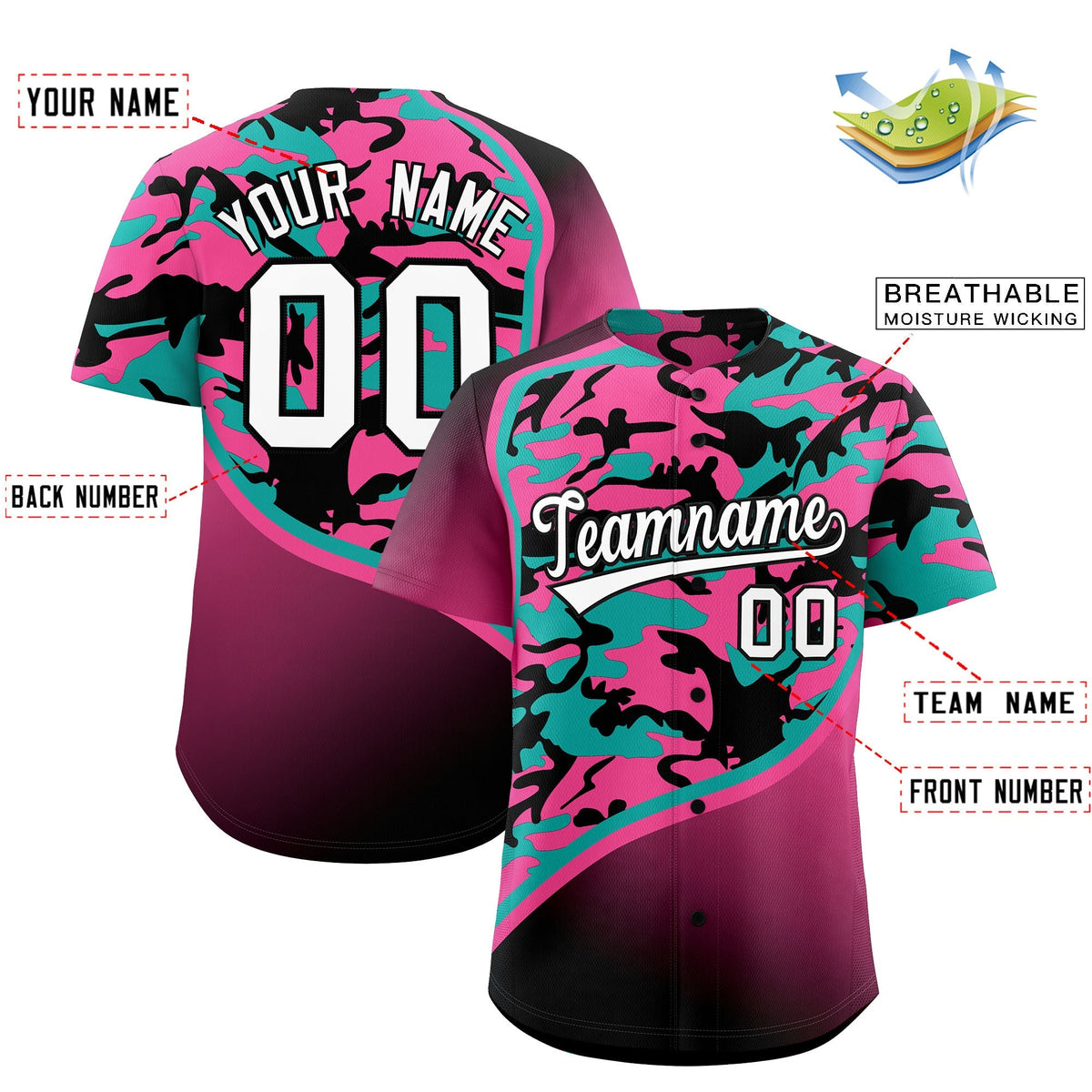 Custom Aqua Pink Black Camo Gradient Fashion Baseball Jersey | Perfect for Training,Sublimation Printed & Stitched,Add Name and Numbern,Perfect for Teams | KXKSHOP