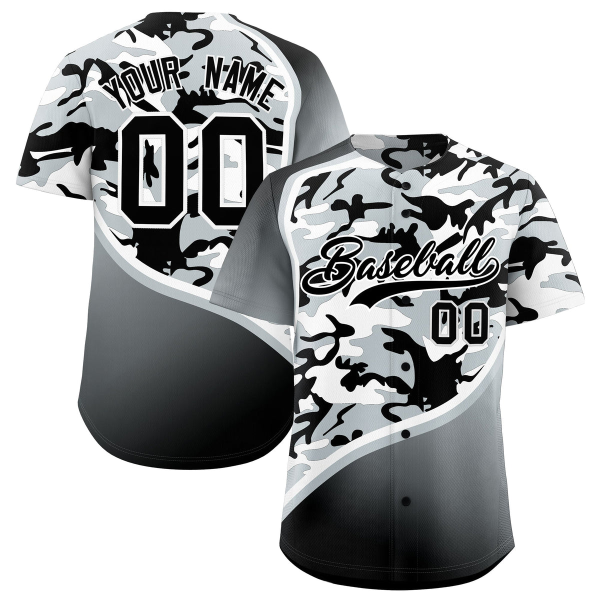 Custom Black Silver White Camo Gradient Fashion Baseball Jersey | Perfect for Training,Sublimation Printed &amp; Stitched,Add Name and Numbern,Perfect for Teams | KXKSHOP
