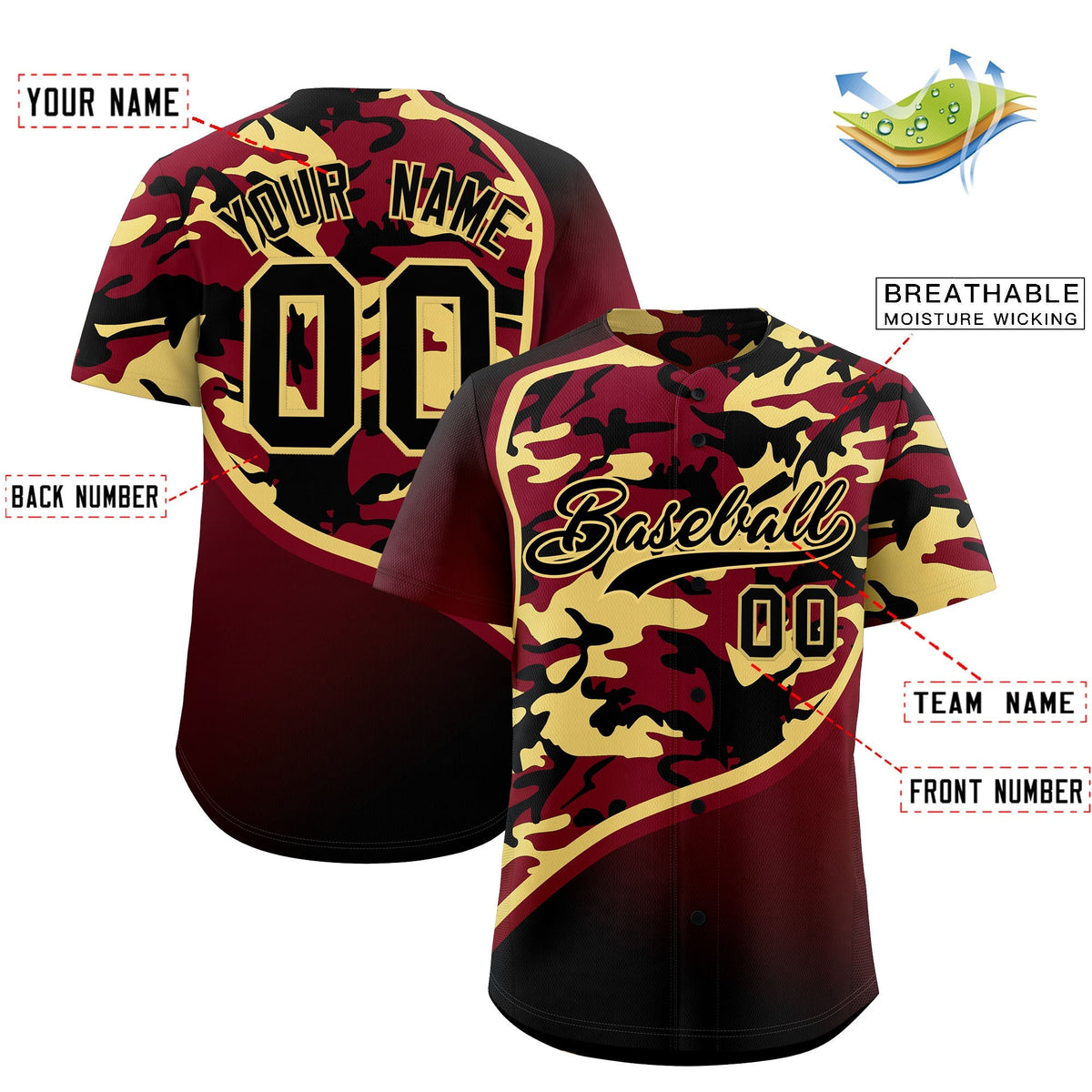 Custom Khaki Crimson Black Camo Gradient Fashion Baseball Jersey | Perfect for Training,Sublimation Printed &amp; Stitched,Add Name and Numbern,Perfect for Teams | KXKSHOP