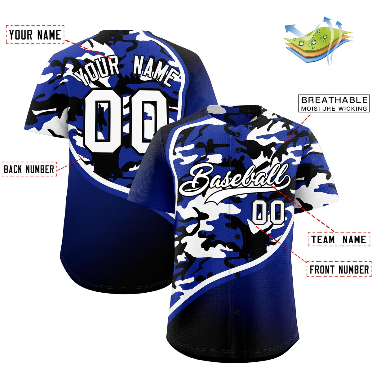 Custom Royal Blue Black White Camo Gradient Fashion Baseball Jersey | Perfect for Training,Sublimation Printed &amp; Stitched,Add Name and Numbern,Perfect for Teams | KXKSHOP