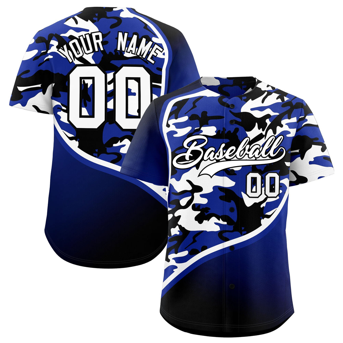Custom Royal Blue Black White Camo Gradient Fashion Baseball Jersey | Perfect for Training,Sublimation Printed &amp; Stitched,Add Name and Numbern,Perfect for Teams | KXKSHOP