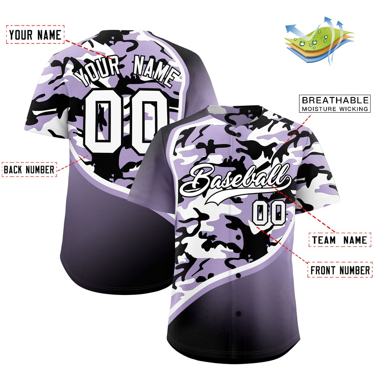 Custom Light Purple Black White Camo Gradient Fashion Baseball Jersey | Perfect for Training,Sublimation Printed &amp; Stitched,Add Name and Numbern,Perfect for Teams | KXKSHOP
