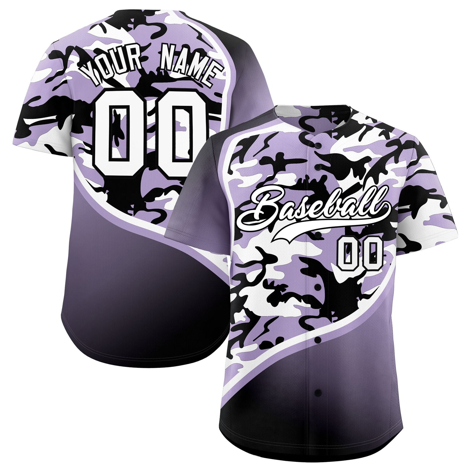 Custom Light Purple Black White Camo Gradient Fashion Baseball Jersey | Perfect for Training,Sublimation Printed & Stitched,Add Name and Numbern,Perfect for Teams | KXKSHOP