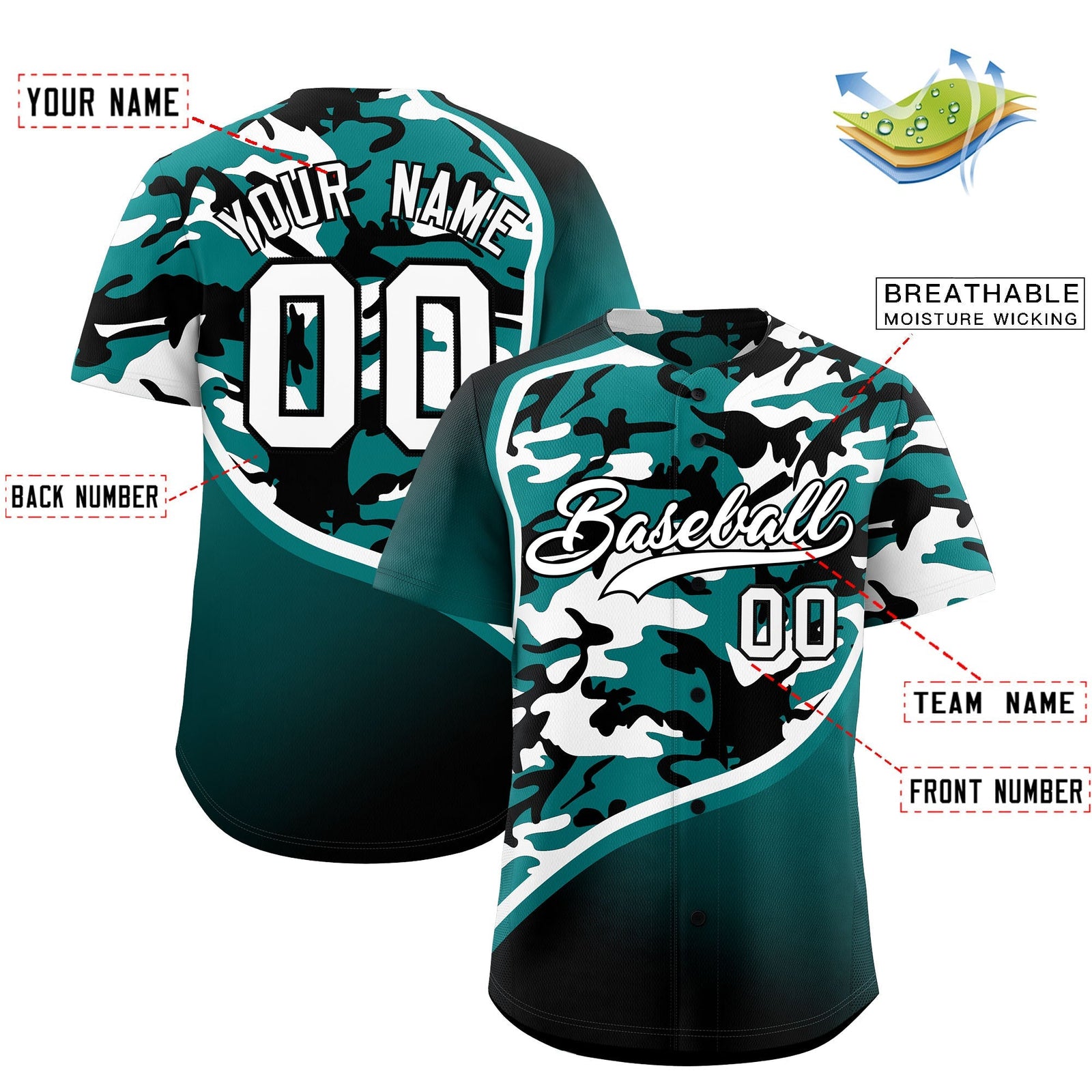 Custom Teal Black White Camo Gradient Fashion Baseball Jersey | Perfect for Training,Sublimation Printed & Stitched,Add Name and Numbern,Perfect for Teams | KXKSHOP