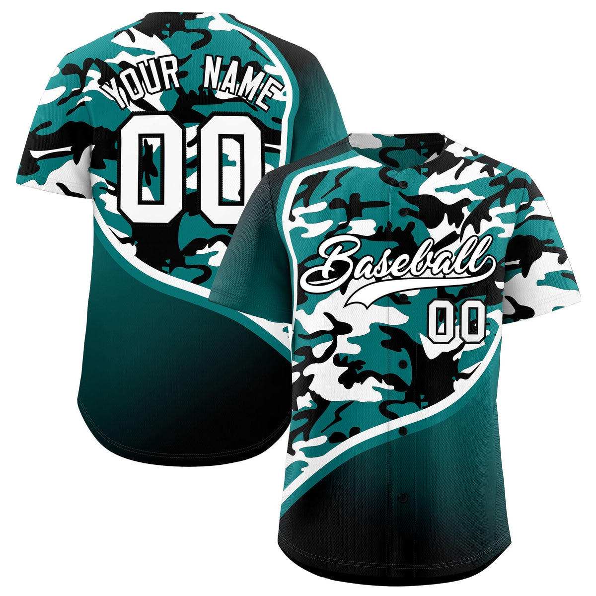 Custom Teal Black White Camo Gradient Fashion Baseball Jersey | Perfect for Training,Sublimation Printed &amp; Stitched,Add Name and Numbern,Perfect for Teams | KXKSHOP