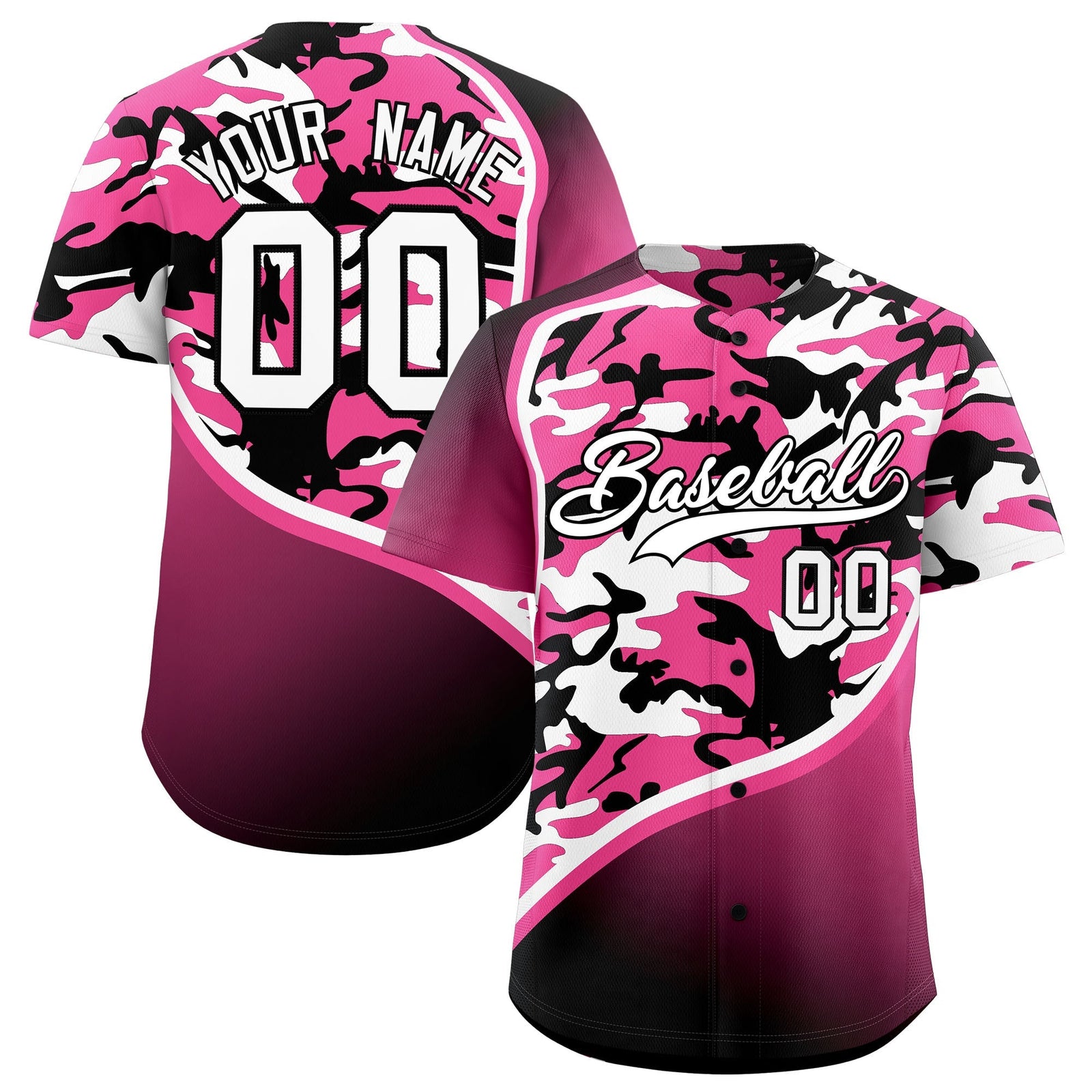Custom Pink Black White Camo Gradient Fashion Baseball Jersey | Perfect for Training,Sublimation Printed & Stitched,Add Name and Numbern,Perfect for Teams | KXKSHOP