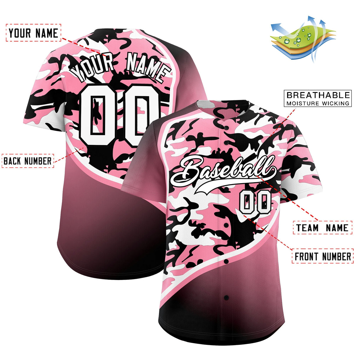Custom Light Pink Black White Camo Gradient Fashion Baseball Jersey | Perfect for Training,Sublimation Printed & Stitched,Add Name and Numbern,Perfect for Teams | KXKSHOP