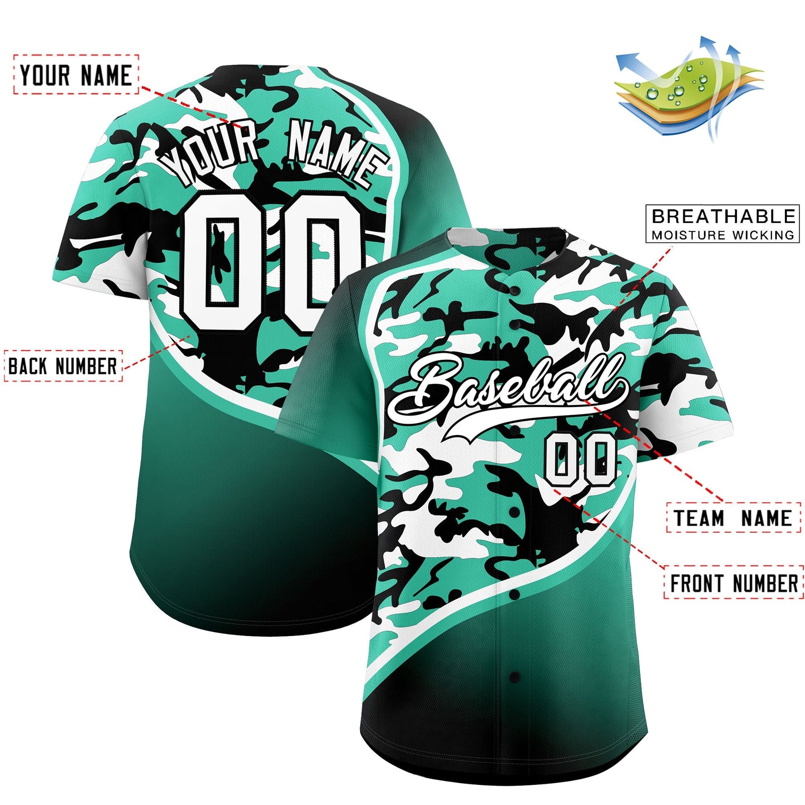 Custom Bright Green Black White Camo Gradient Fashion Baseball Jersey | Perfect for Training,Sublimation Printed & Stitched,Add Name and Numbern,Perfect for Teams | KXKSHOP