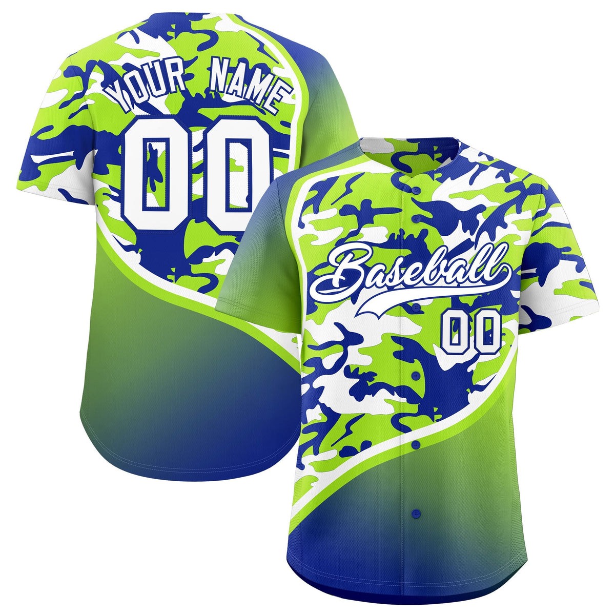 Custom Neon Green Royal Blue White Camo Gradient Fashion Baseball Jersey | Perfect for Training,Sublimation Printed &amp; Stitched,Add Name and Numbern,Perfect for Teams | KXKSHOP