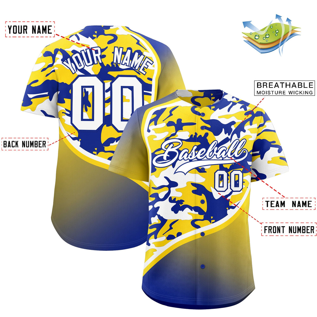 Custom Gold Royal Blue White Camo Gradient Fashion Baseball Jersey | Perfect for Training,Sublimation Printed &amp; Stitched,Add Name and Numbern,Perfect for Teams | KXKSHOP