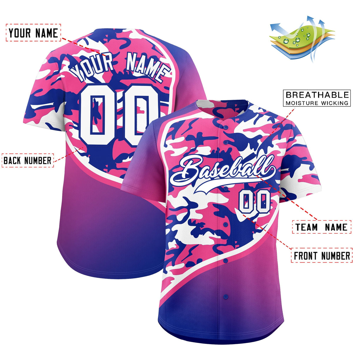 Custom Pink Royal Blue White Camo Gradient Fashion Baseball Jersey | Perfect for Training,Sublimation Printed &amp; Stitched,Add Name and Numbern,Perfect for Teams | KXKSHOP