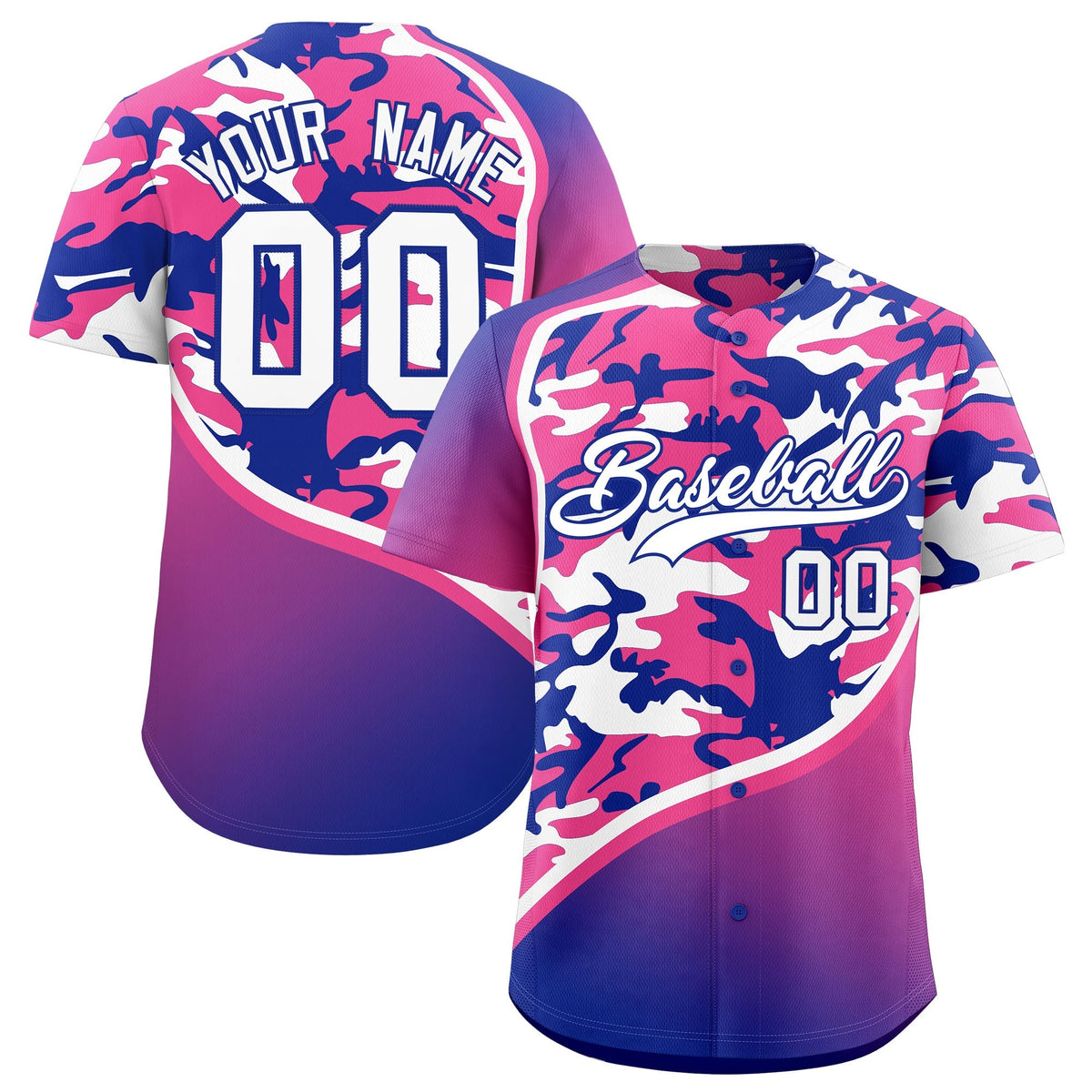Custom Pink Royal Blue White Camo Gradient Fashion Baseball Jersey | Perfect for Training,Sublimation Printed &amp; Stitched,Add Name and Numbern,Perfect for Teams | KXKSHOP