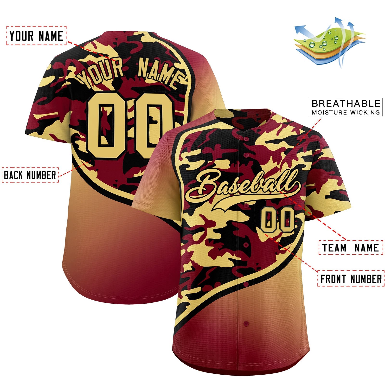 Custom Crimson Black Khaki Camo Gradient Fashion Baseball Jersey | Perfect for Training,Sublimation Printed & Stitched,Add Name and Numbern,Perfect for Teams | KXKSHOP