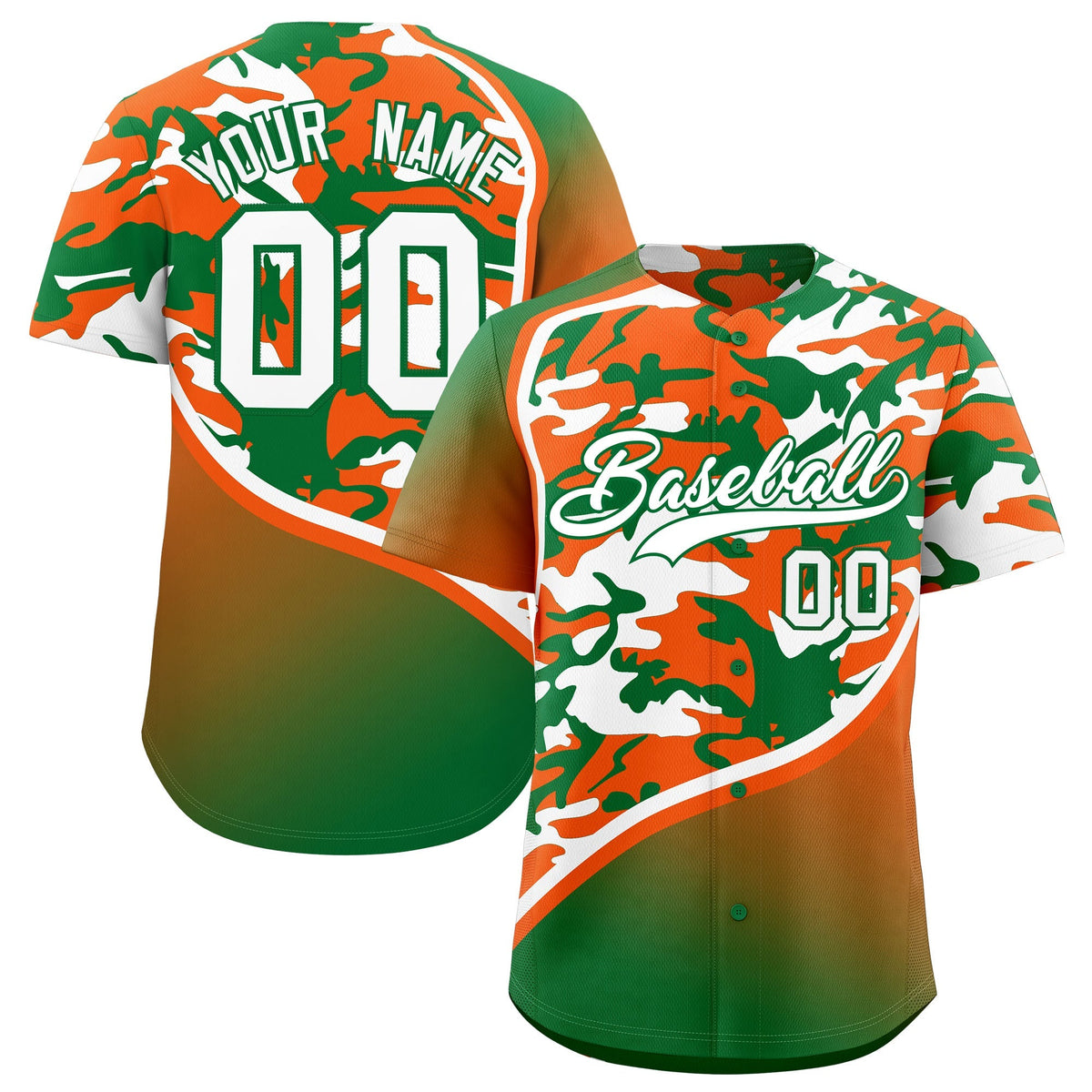 Custom Orange Kelly Green White Camo Gradient Fashion Baseball Jersey | Perfect for Training,Sublimation Printed &amp; Stitched,Add Name and Numbern,Perfect for Teams | KXKSHOP