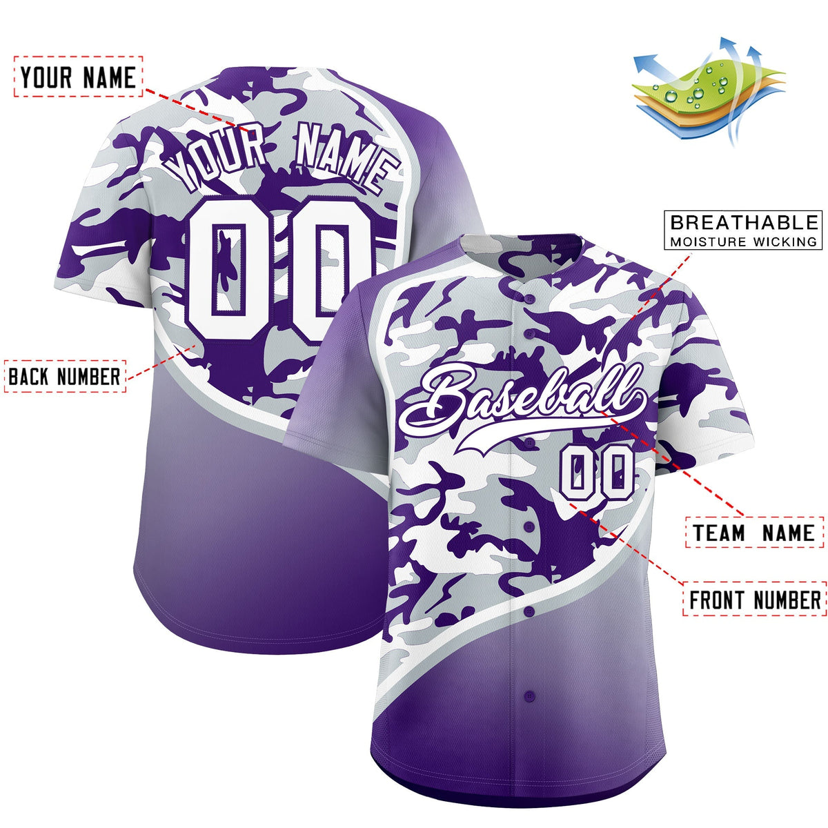 Custom Silver Purple White Camo Gradient Fashion Baseball Jersey | Perfect for Training,Sublimation Printed &amp; Stitched,Add Name and Numbern,Perfect for Teams | KXKSHOP