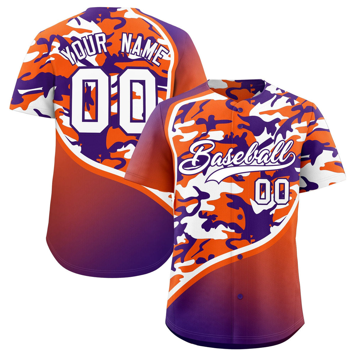 Custom Orange Purple White Camo Gradient Fashion Baseball Jersey | Perfect for Training,Sublimation Printed & Stitched,Add Name and Numbern,Perfect for Teams | KXKSHOP