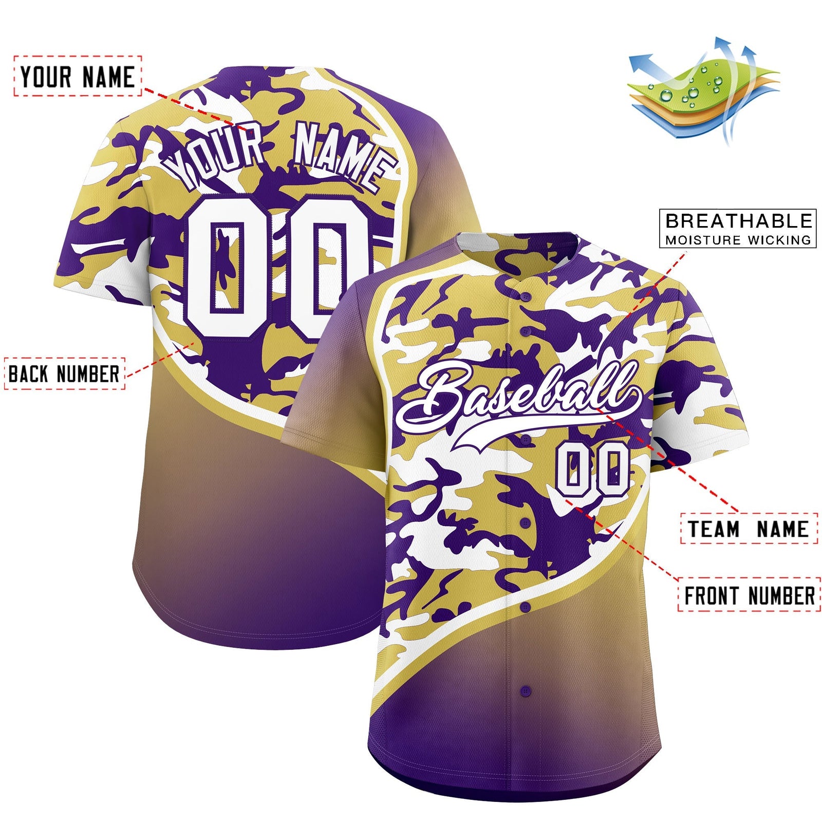 Custom Old Gold Purple White Camo Gradient Fashion Baseball Jersey | Perfect for Training,Sublimation Printed & Stitched,Add Name and Numbern,Perfect for Teams | KXKSHOP