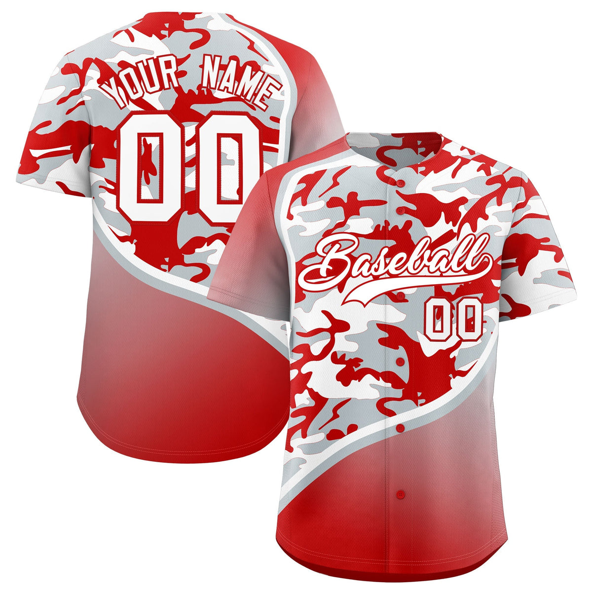 Custom Silver Red White Camo Gradient Fashion Baseball Jersey | Perfect for Training,Sublimation Printed &amp; Stitched,Add Name and Numbern,Perfect for Teams | KXKSHOP