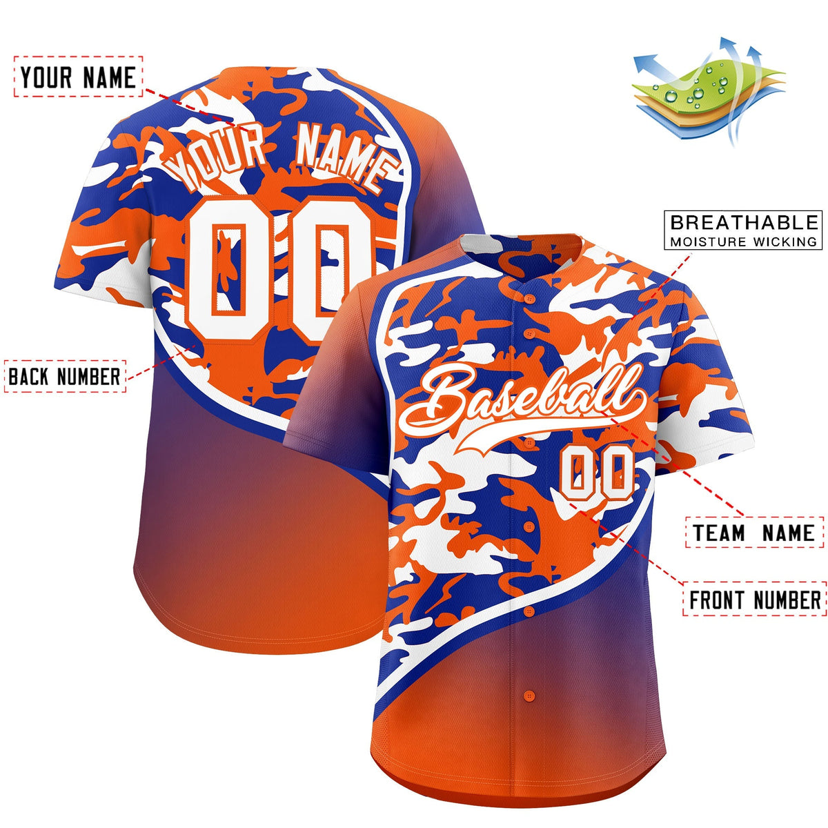 Custom Royal Blue Orange White Camo Gradient Fashion Baseball Jersey | Perfect for Training,Sublimation Printed &amp; Stitched,Add Name and Numbern,Perfect for Teams | KXKSHOP