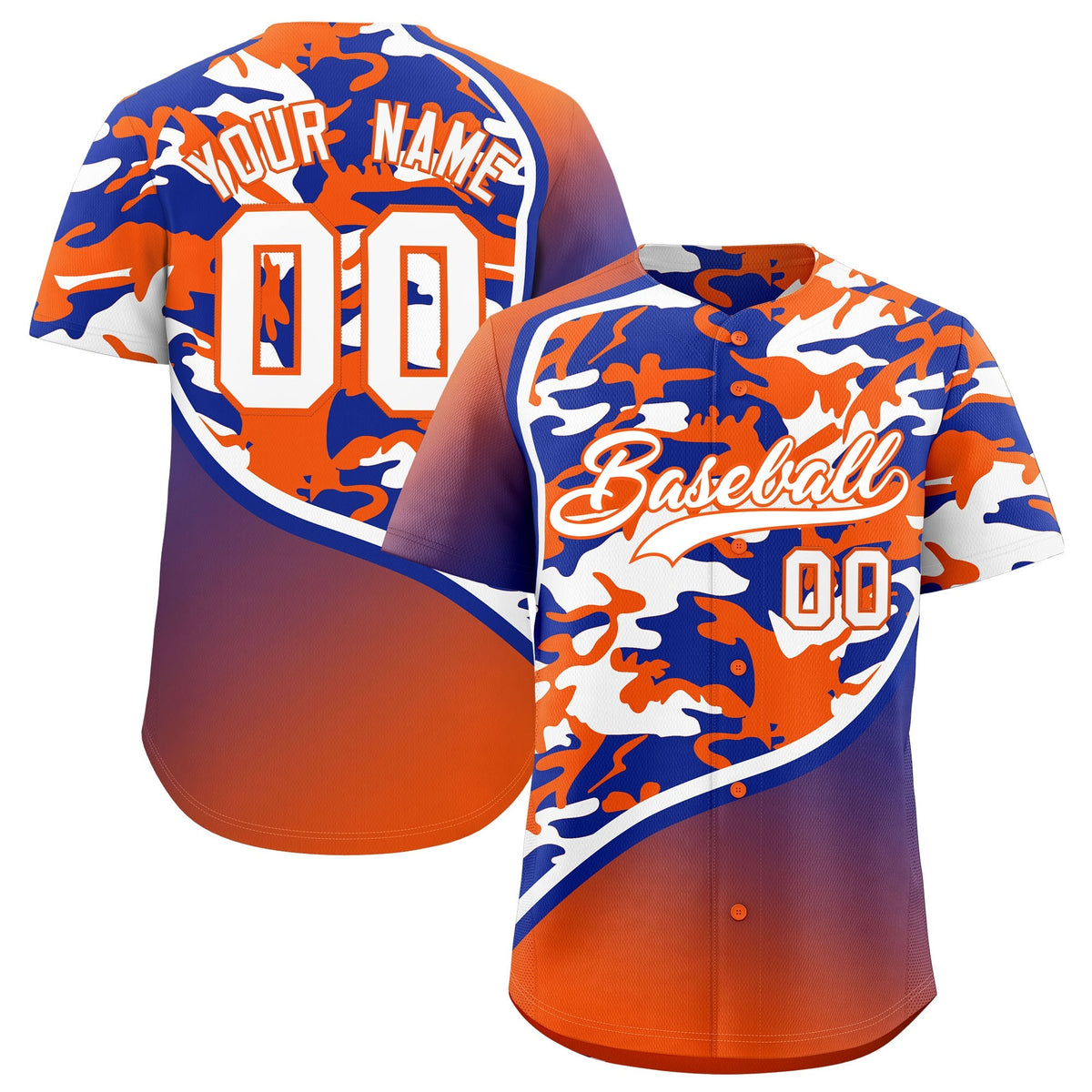 Custom Royal Blue Orange White Camo Gradient Fashion Baseball Jersey | Perfect for Training,Sublimation Printed &amp; Stitched,Add Name and Numbern,Perfect for Teams | KXKSHOP
