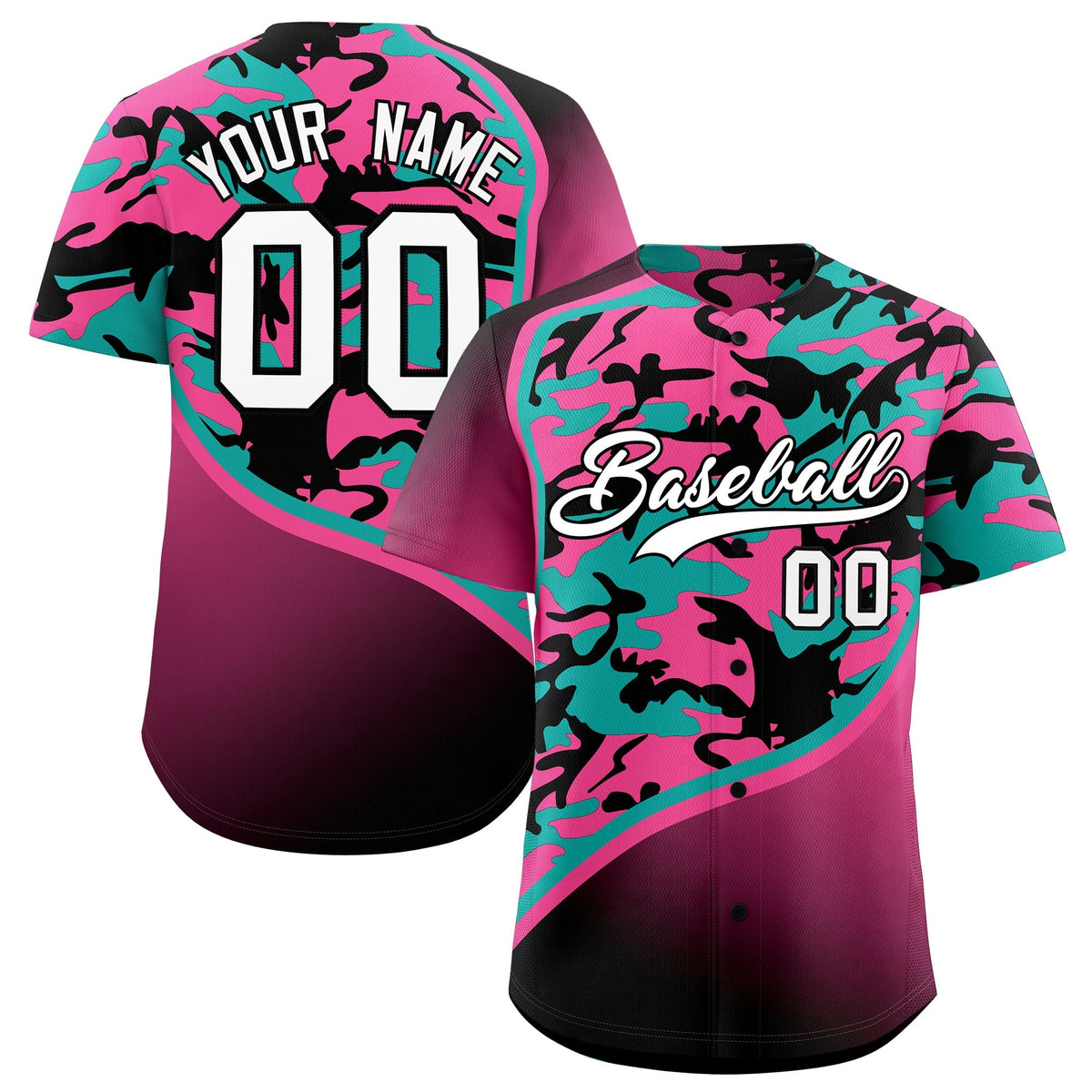 Custom Aqua Pink Black Camo Gradient Fashion Baseball Jersey | Perfect for Training,Sublimation Printed & Stitched,Add Name and Numbern,Perfect for Teams | KXKSHOP