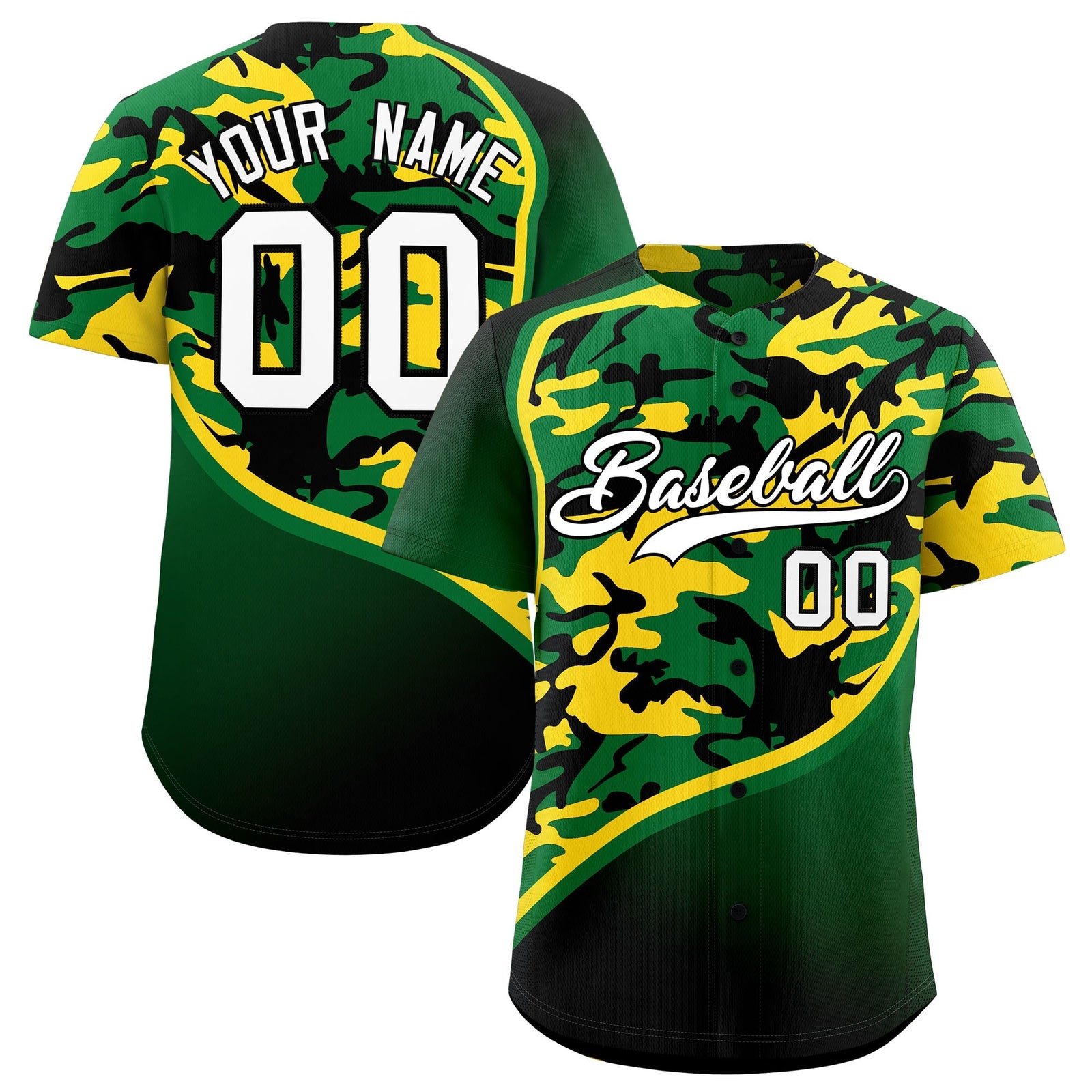 Custom Kelly Green Gold Black Camo Gradient Fashion Baseball Jersey | Perfect for Training,Sublimation Printed & Stitched,Add Name and Numbern,Perfect for Teams | KXKSHOP