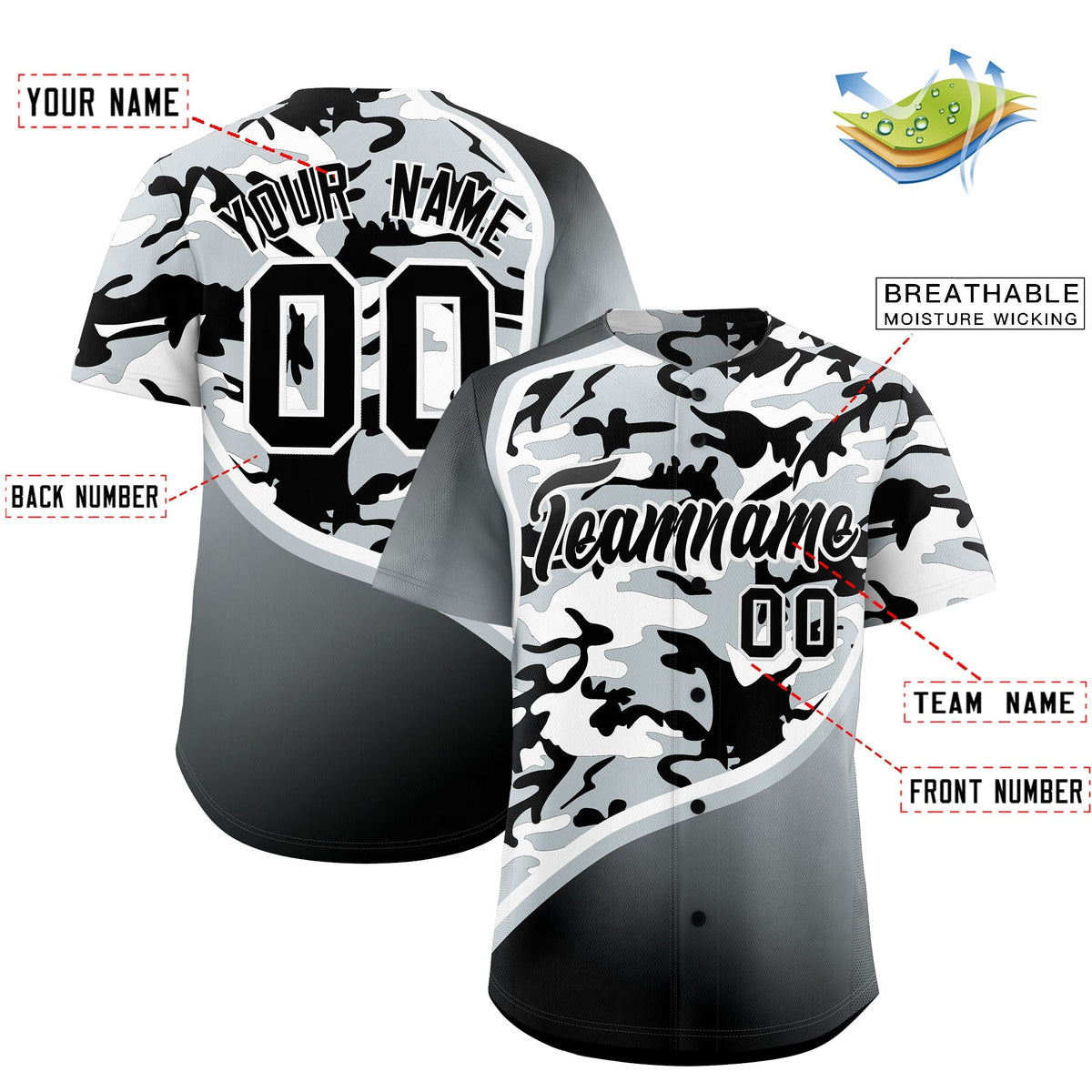 Custom Black Silver White Camo Gradient Fashion Baseball Jersey | Perfect for Training,Sublimation Printed &amp; Stitched,Add Name and Numbern,Perfect for Teams | KXKSHOP