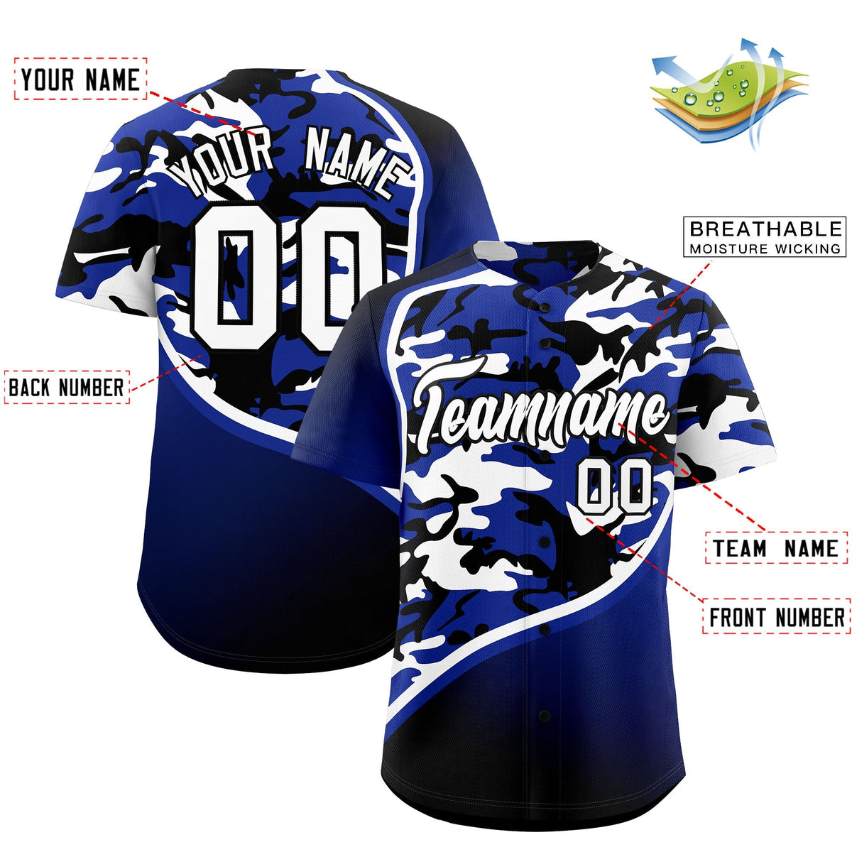 Custom Royal Blue Black White Camo Gradient Fashion Baseball Jersey | Perfect for Training,Sublimation Printed &amp; Stitched,Add Name and Numbern,Perfect for Teams | KXKSHOP