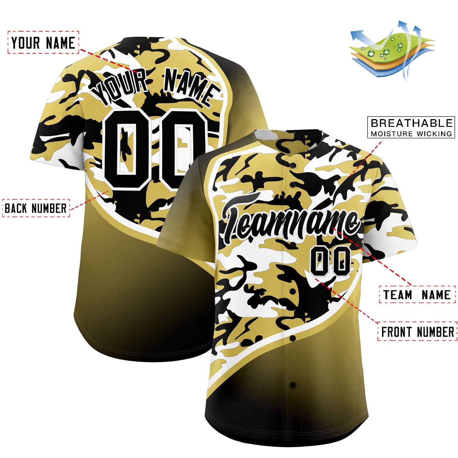 Custom Old Gold Black White Camo Gradient Fashion Baseball Jersey | Perfect for Training,Sublimation Printed & Stitched,Add Name and Numbern,Perfect for Teams | KXKSHOP
