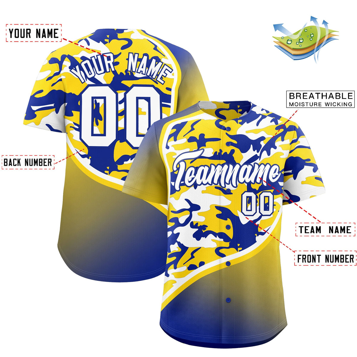 Custom Gold Royal Blue White Camo Gradient Fashion Baseball Jersey | Perfect for Training,Sublimation Printed &amp; Stitched,Add Name and Numbern,Perfect for Teams | KXKSHOP