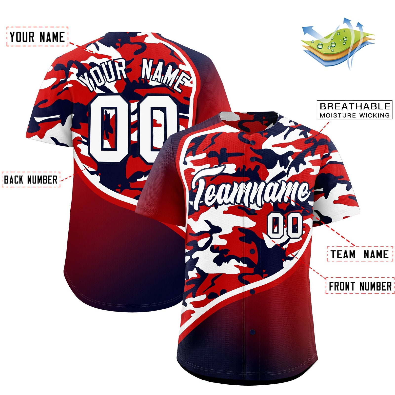 Custom Red White Navy Camo Gradient Fashion Baseball Jersey | Perfect for Training,Sublimation Printed & Stitched,Add Name and Numbern,Perfect for Teams | KXKSHOP