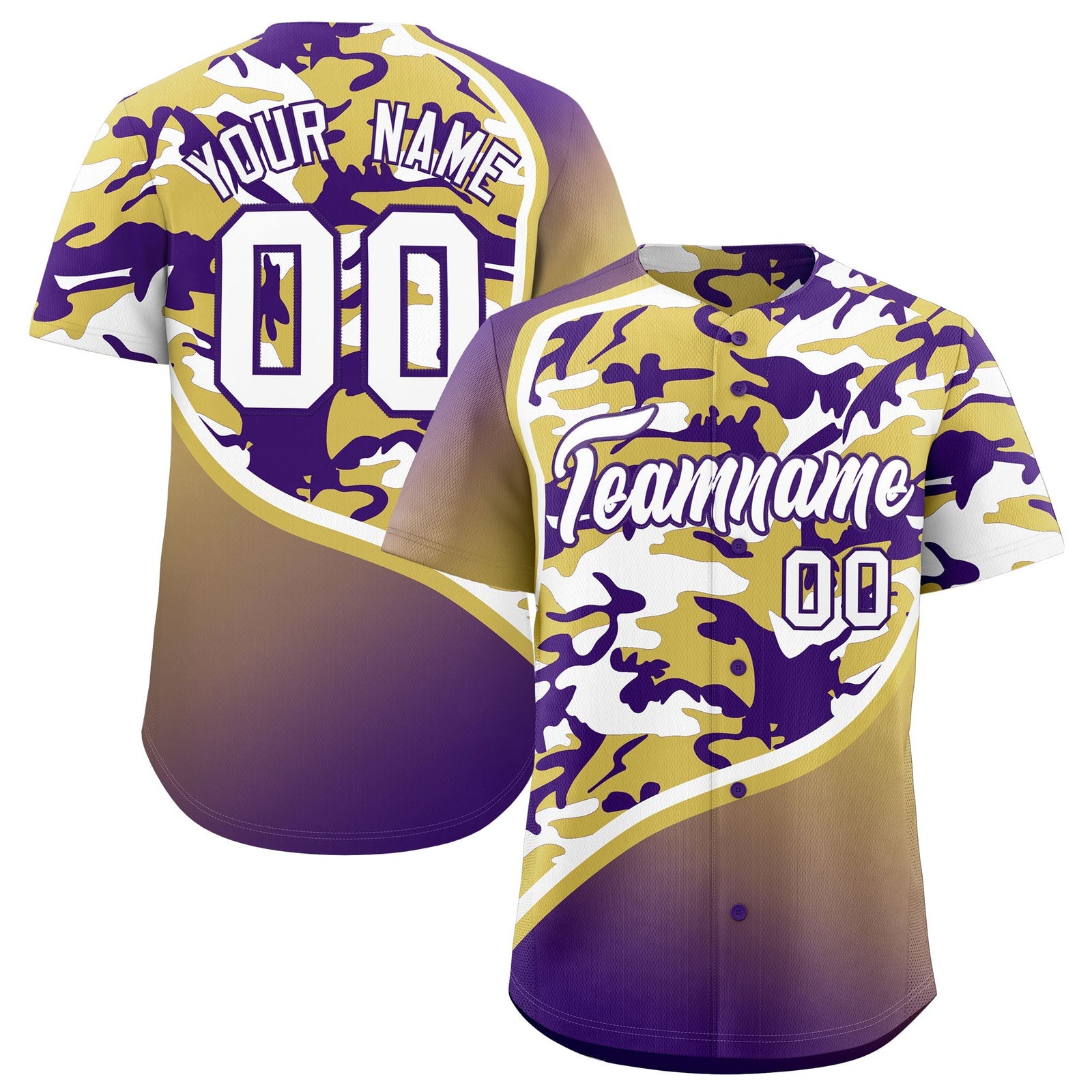 Custom Old Gold Purple White Camo Gradient Fashion Baseball Jersey | Perfect for Training,Sublimation Printed & Stitched,Add Name and Numbern,Perfect for Teams | KXKSHOP