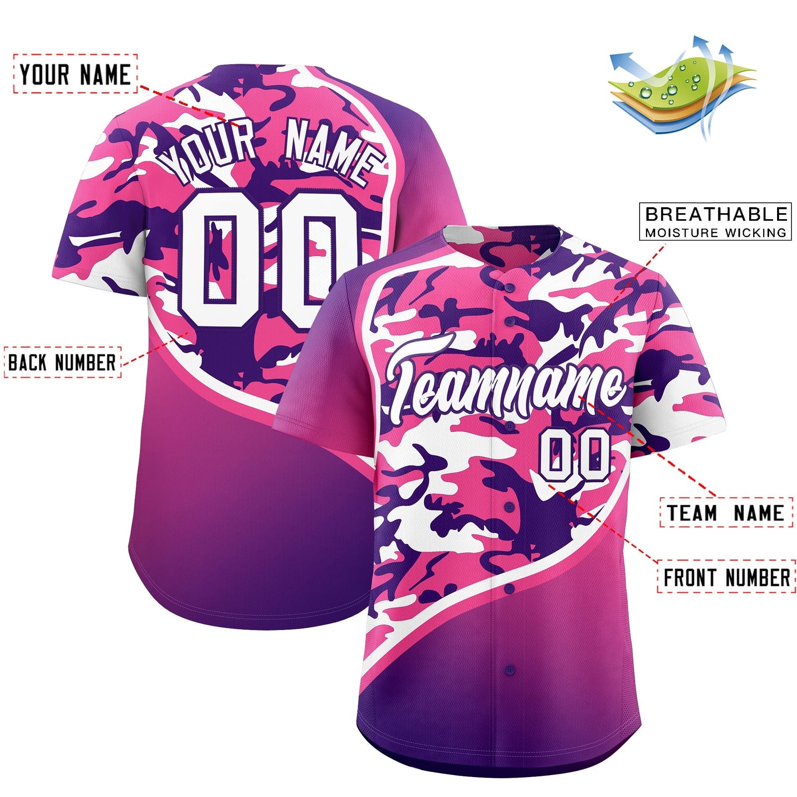 Custom Pink Purple White Camo Gradient Fashion Baseball Jersey | Perfect for Training,Sublimation Printed & Stitched,Add Name and Numbern,Perfect for Teams | KXKSHOP