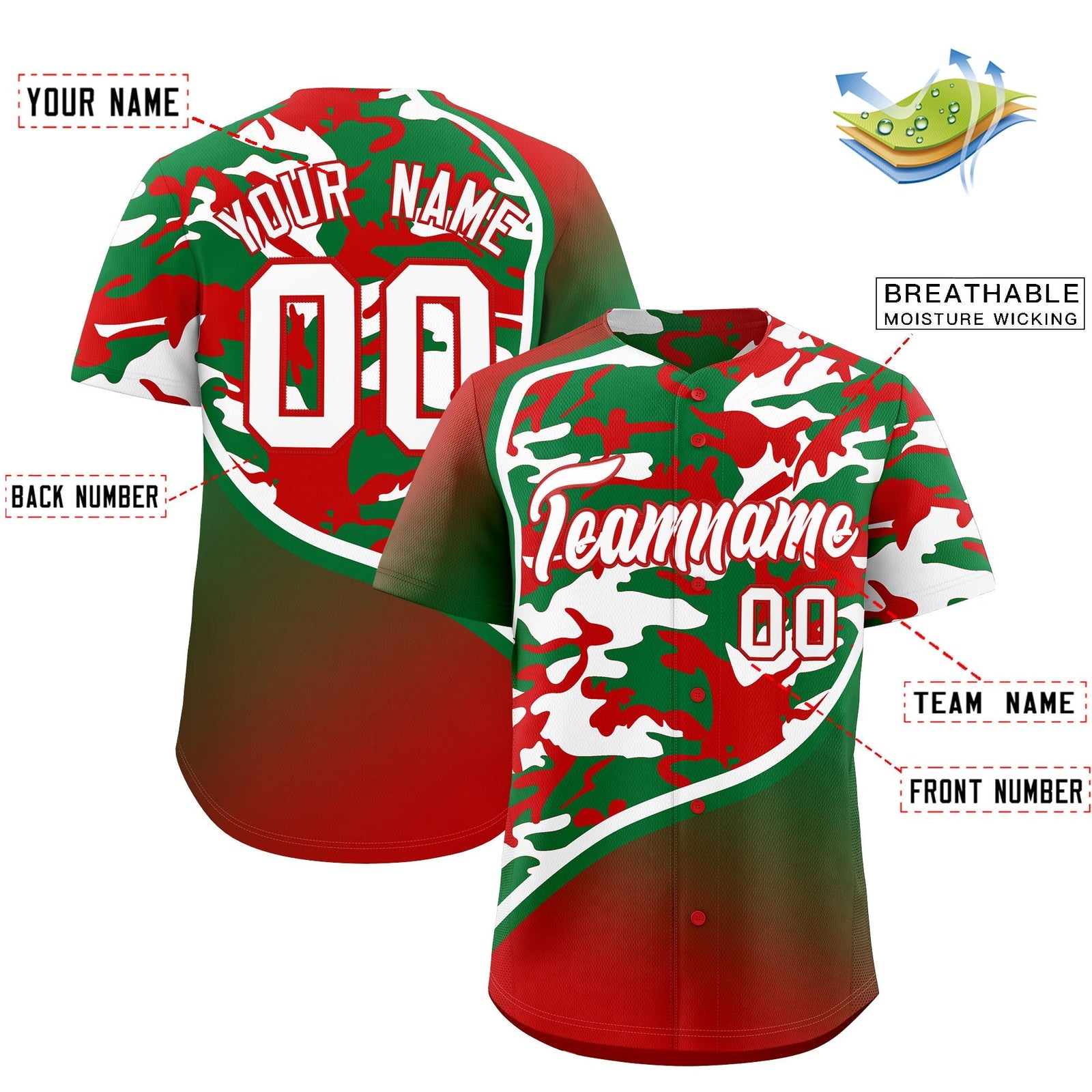 Custom Kelly Green Red White Camo Gradient Fashion Baseball Jersey | Perfect for Training,Sublimation Printed & Stitched,Add Name and Numbern,Perfect for Teams | KXKSHOP