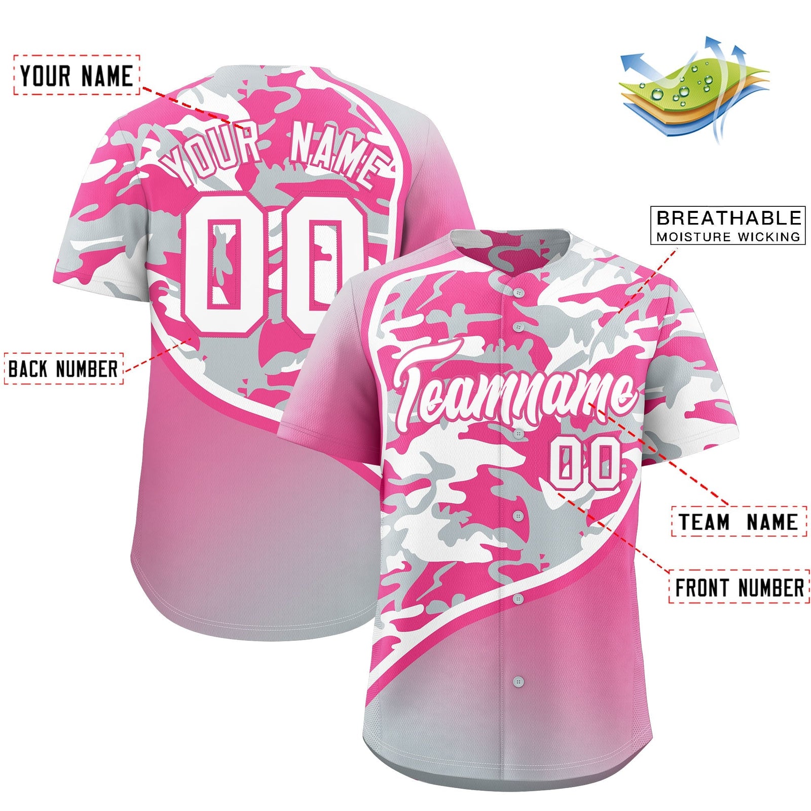 Custom Pink Silver White Camo Gradient Fashion Baseball Jersey | Perfect for Training,Sublimation Printed & Stitched,Add Name and Numbern,Perfect for Teams | KXKSHOP
