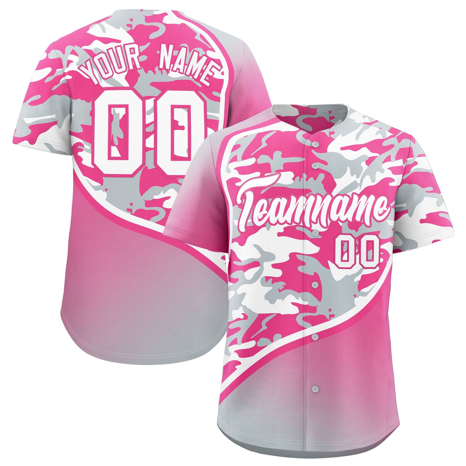 Custom Pink Silver White Camo Gradient Fashion Baseball Jersey