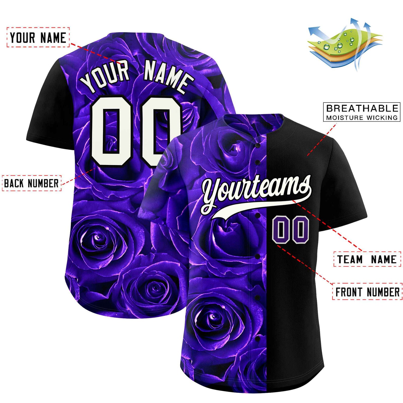 Custom Purple Black Split Rose Print Authentic Baseball Jersey