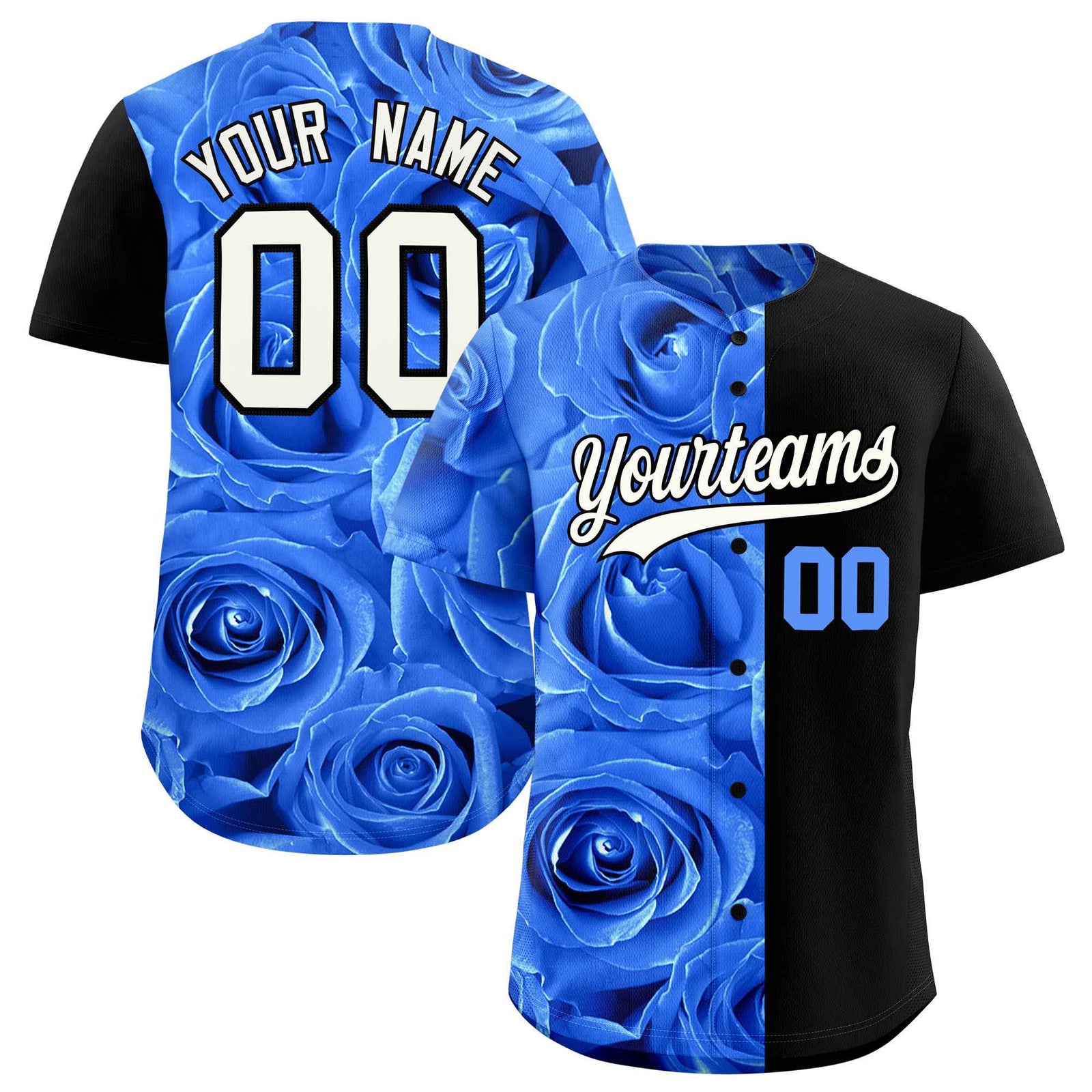 Custom Powder Blue Black Split Rose Print Authentic Baseball Jersey
