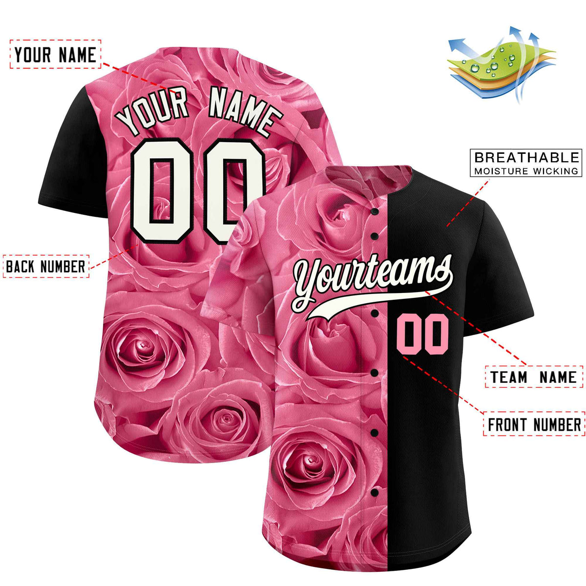 Custom Light Pink Black Split Rose Print Authentic Baseball Jersey